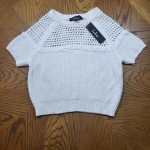 NWT Lulus Womens Cropped Rib Chunky‎ Knit Crewneck Short Sleeve White Sweater S